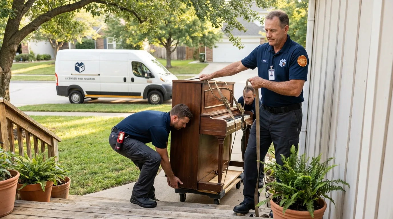 Licensed piano movers securing grand piano in Lafayette, IN