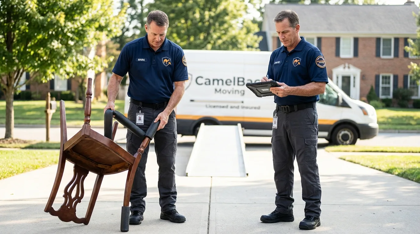 Movers inspecting furniture for damage prevention before loading in Lafayette, IN