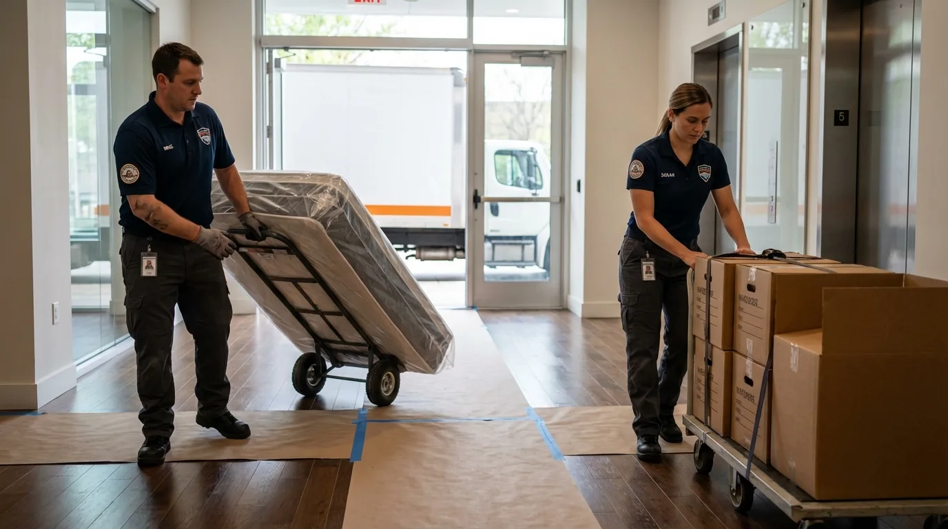 Professional apartment movers loading elevator in Lafayette, IN